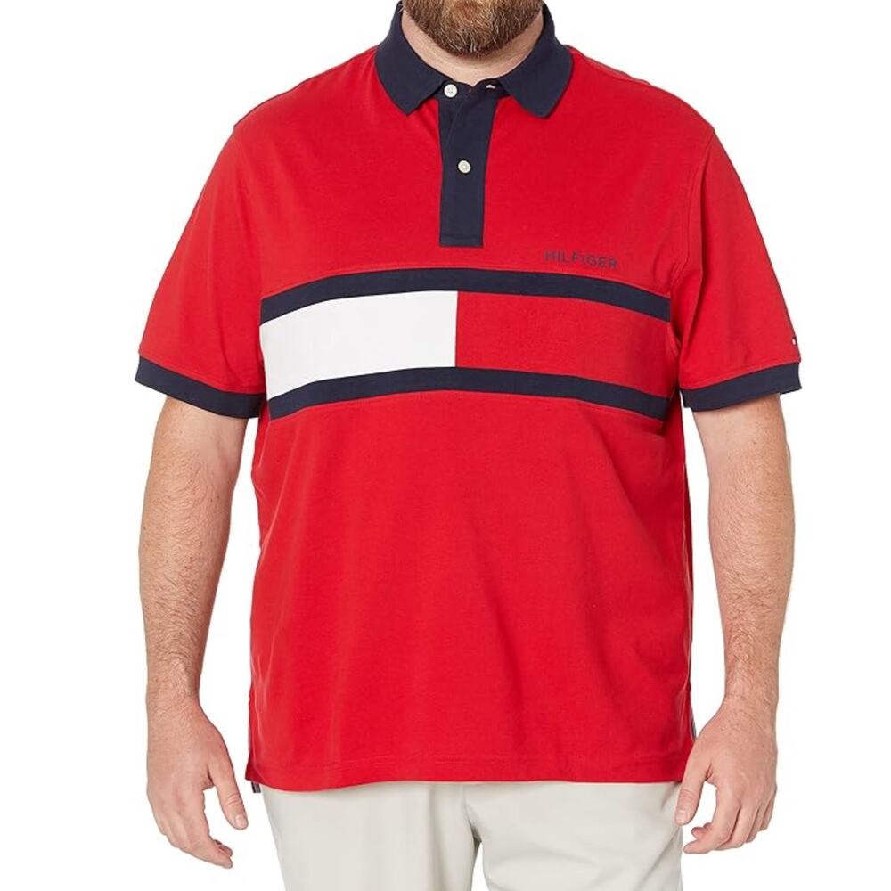 NWOT TOMMY HILFIGER Polo Shirt Men XXXL Red Multi Custom Fit Short Sleeve Cotton